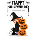 Illustration Happy Halloween Day. Holiday concept with horror characters , cute little girl wearing a witch costume and pumpkin Royalty Free Stock Photo