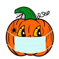 Illustration. A happy Halloween pumpkin with a face mask Royalty Free Stock Photo