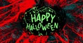 Illustration of happy halloween text on black and red abstract pattern