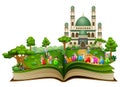 Happy islamic kids cartoon and colorful text eid mubarak in front the mosque of an opened book