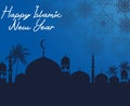 Happy islamic new year with silhouette mosque at night