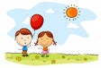 Happy kids cartoon with balloons on a summer day