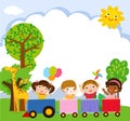 Happy kids cartoon on a colorful train Royalty Free Stock Photo