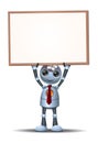 illustration of a happy little robot businessman lift blank board