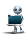 Little robot businessman salesman holding laptop