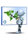 Little robot pointing map on isolated white background