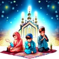 Illustration of happy muslim family praying in front of the mosque Generative AI Royalty Free Stock Photo