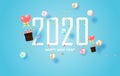 Illustration of 2020 happy new year label design.Holiday on pastel symbol with golden.Graphic Merry Christmas balls golden and