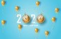 Illustration of 2020 happy new year label design.Holiday on pastel symbol with golden.Merry Christmas old vintage clock gold and