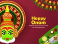 Illustration of Happy Onam traditional red decorated mandala background with kathakali dancer face, traditional food sadya