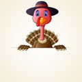 Happy pilgrim turkey bird cartoon holding blank sign Royalty Free Stock Photo