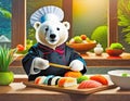 Illustration of a Happy Polar Bear Chef Finishing Sushi Dish in the kitchen