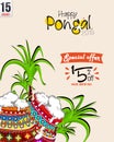 illustration of Happy Pongal festival of Tamil Nadu India background with rice in traditional mud pot. Royalty Free Stock Photo