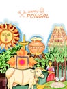 Happy Pongal Holiday Harvest Festival of Tamil Nadu South India greeting background