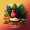 Illustration of Happy Pongal Holiday Harvest Festival of Tamil Nadu South India greeting background. Generating Ai Royalty Free Stock Photo