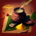 Illustration of Happy Pongal Holiday Harvest Festival of Tamil Nadu South India greeting background. Generating Ai Royalty Free Stock Photo