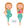 Illustration with happy pregnant woman and woman with baby on hands. Cute cartoon characters set in vector. Royalty Free Stock Photo