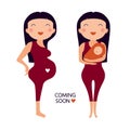 Illustration with happy pregnant woman and woman with baby on hands Royalty Free Stock Photo