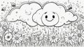 illustration of a happy rain cloud and flowers, black and white outline, a coloring book page illustration,