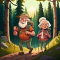 Illustration with happy seniors maintaining an active lifestyle in the forest go on a hike with backpacks