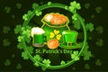 Cartoon hat, beer glass, coin and money bag. Vector round frame with shamrock leaves. Illustration For Happy St. Patrick Day. Royalty Free Stock Photo