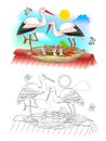 Illustration of happy stork family with mother, father and babies in the nest. Colorful and black and white page for coloring book