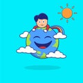 Illustration of happy summer time people, eart, sky, sun and rainbow Royalty Free Stock Photo