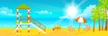 Illustration of happy sunny summer day at the beach. Lifeguard tower on island with bright sun, palm trees in flat style