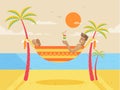 Illustration of happy sunny summer day at beach with tanned man