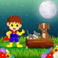 Happy super hero boy at night in the park with pets animal