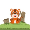 Illustration of a happy tiger in the junggle, Creative vector childish background for fabric, textile, nursery wallpaper, poster,