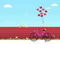 Illustration of happy valentine day, balloon heart shape hang the pink bicycle parking and beautiful birds fly in front of the red Royalty Free Stock Photo