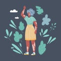 Illustration of happy Vitiligo woman wave hands on dark