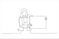 Illustration of happy woman displaying white blank placard, mockup for logo or design. One continuous line art style