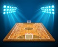 An illustration of hardwood perspective Futsal court or field with bright stadium lights design. Vector EPS 10. Room for copy