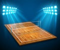 An illustration of hardwood perspective vollyball field court, net with bright stadium lights shining on it. Vector EPS 10. Room f