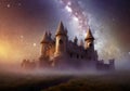 illustration of haunted castle at sunrise with fog and the milky way
