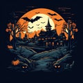 an illustration of a haunted house with bats and pumpkins Royalty Free Stock Photo