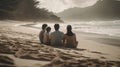 Illustration of a Hawaiian family playing on the beach, clear sky