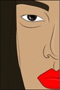 Illustration, Head of beautifull Japanese young woman with red lips.