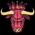 vector Illustration of a head of a bull with a crown on black background Royalty Free Stock Photo