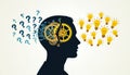Illustration of head silhouette with gears, question marks on one side. Other side shows light bulbs representing ideas. Royalty Free Stock Photo