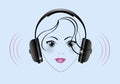 illustration of headphones on a blue background for asmr with woman face