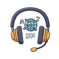 Illustration of a headset with an attached microphone encircling a globe. The globe Royalty Free Stock Photo