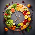 Illustration of healthy food concept, balanced diet, intermittent fasting. Clock made of fresh fruits and vegetables on dark Royalty Free Stock Photo