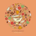 Illustration of healthy oatmeal muesli. Healthy granola food for breakfast organic snack. Cartoon vector sketch of oatmeal muesli