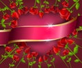 Illustration of heart set of red roses with pink ribbon Royalty Free Stock Photo