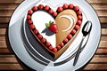 Illustration of a heart-shaped cake with strawberries on a wooden background, sweet Valentine dessert, generative ai Royalty Free Stock Photo