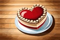 Illustration of a heart-shaped cake on a wooden background, valentines cake design, sweet gift, generative ai