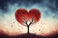 illustration of a heart-shaped tree with hearts around. Spring and love. Generative AI Royalty Free Stock Photo